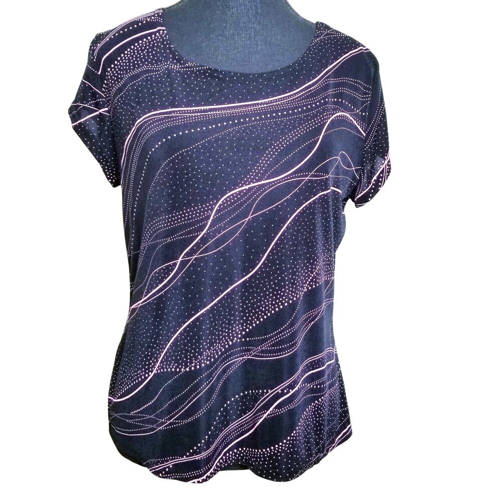 EUC - Briggs New York Sz M Black & Pink Wavy Dot Print Short Sleeve Stretch